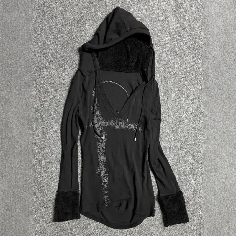 Skull Back V-Neck Hooded Long Sleeve