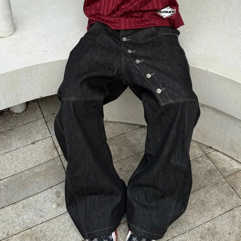 Buckle Button Curved Wide Jeans