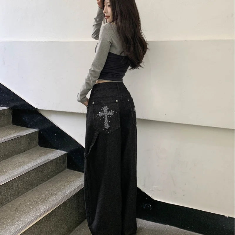 Cross Embroidered Wide Jeans