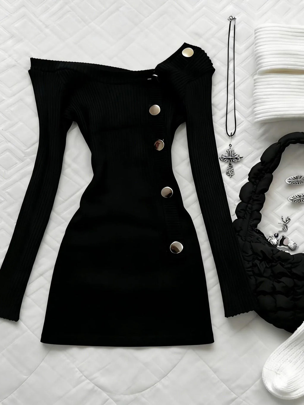 Off-Shoulder Button Knit Top