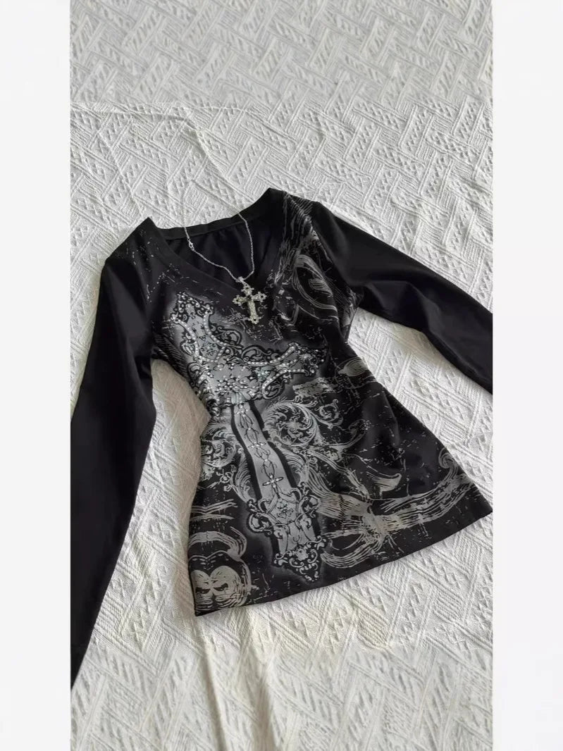 Gothic Print V-Neck Long Sleeve