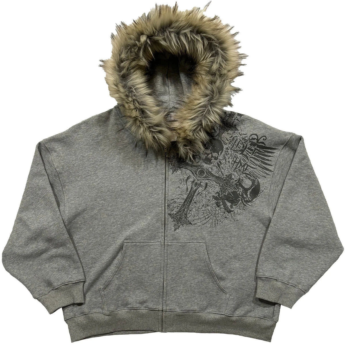 Fur Hood Zip Sweatshirt – Grey