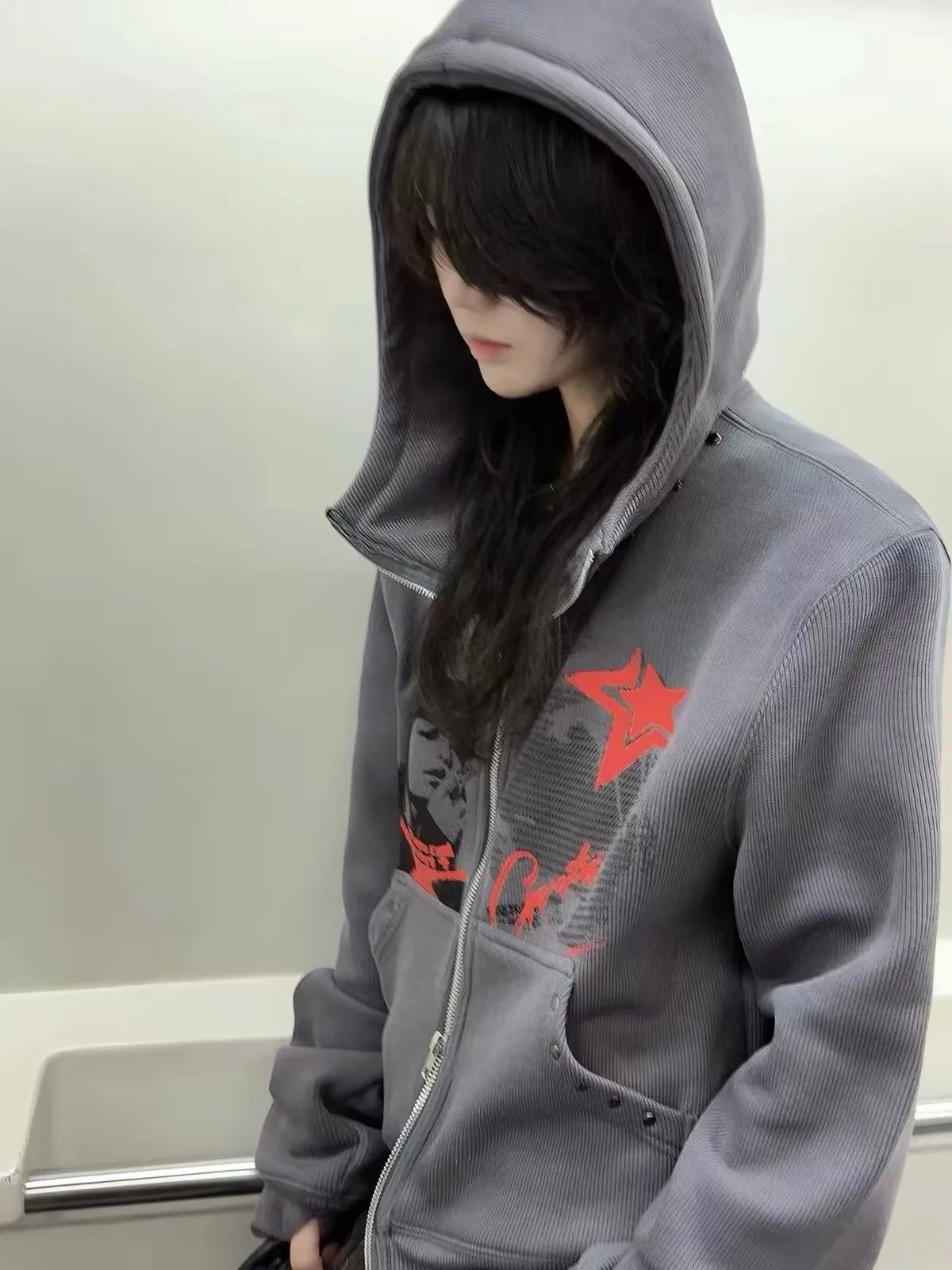 Grey Nail Print Zip Hoodie