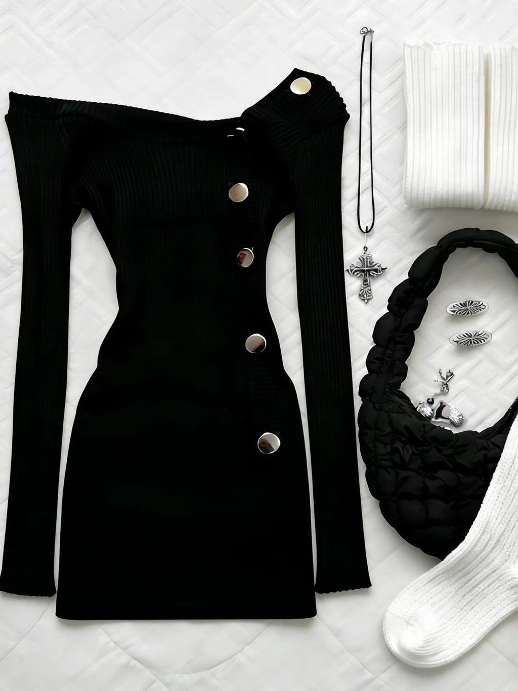 Off-Shoulder Button Knit Top