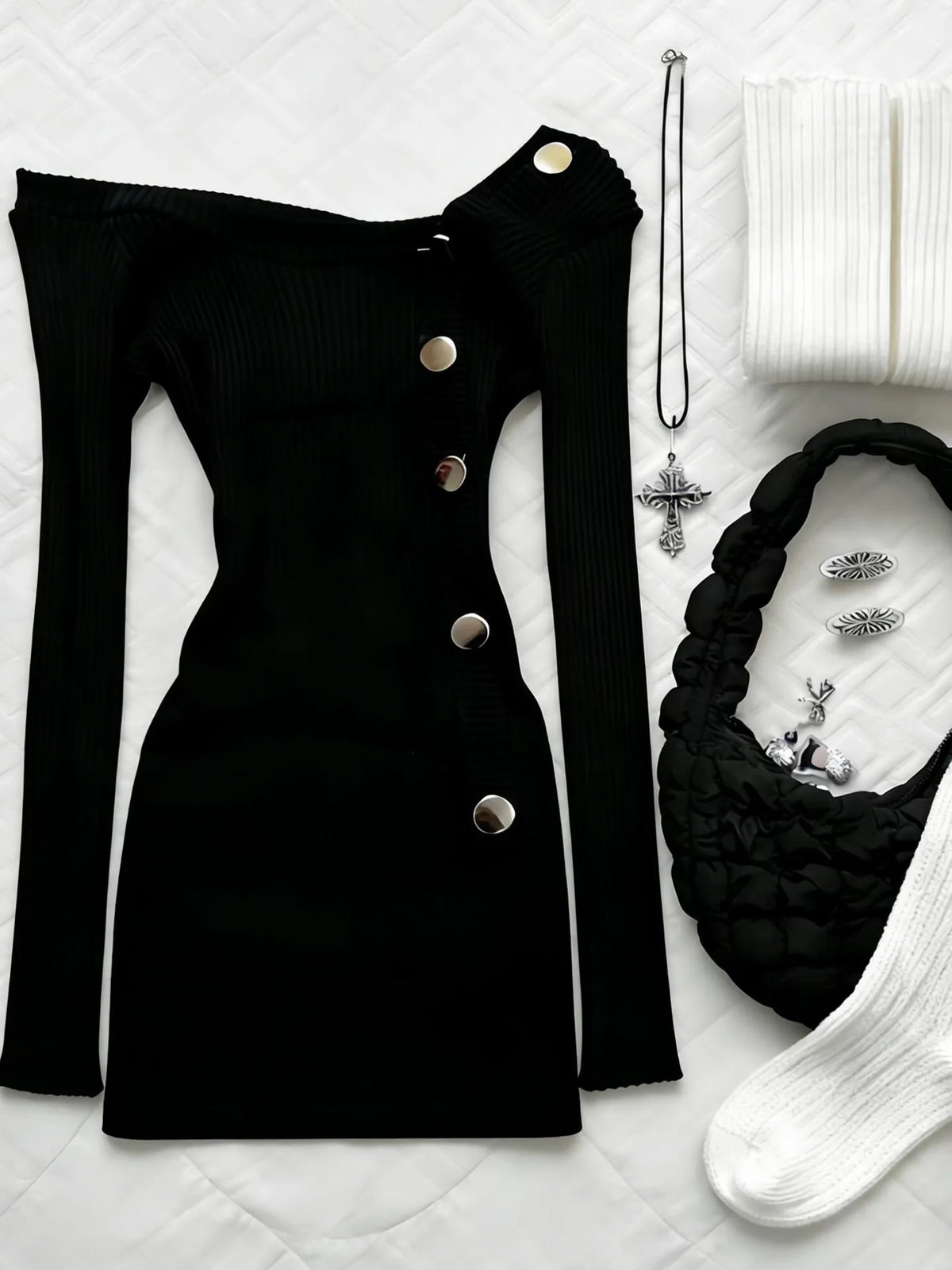 Off-Shoulder Button Knit Top