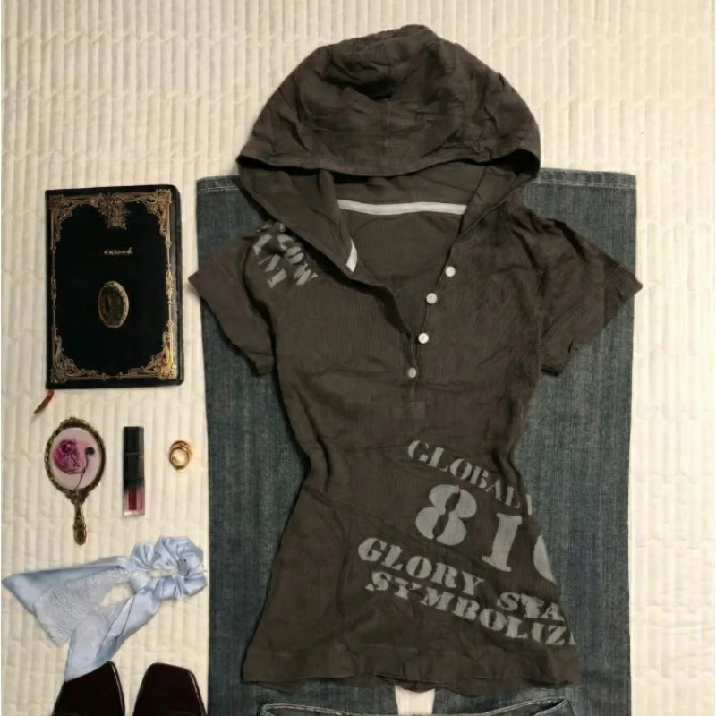 Brown Hooded Short Sleeve Tee