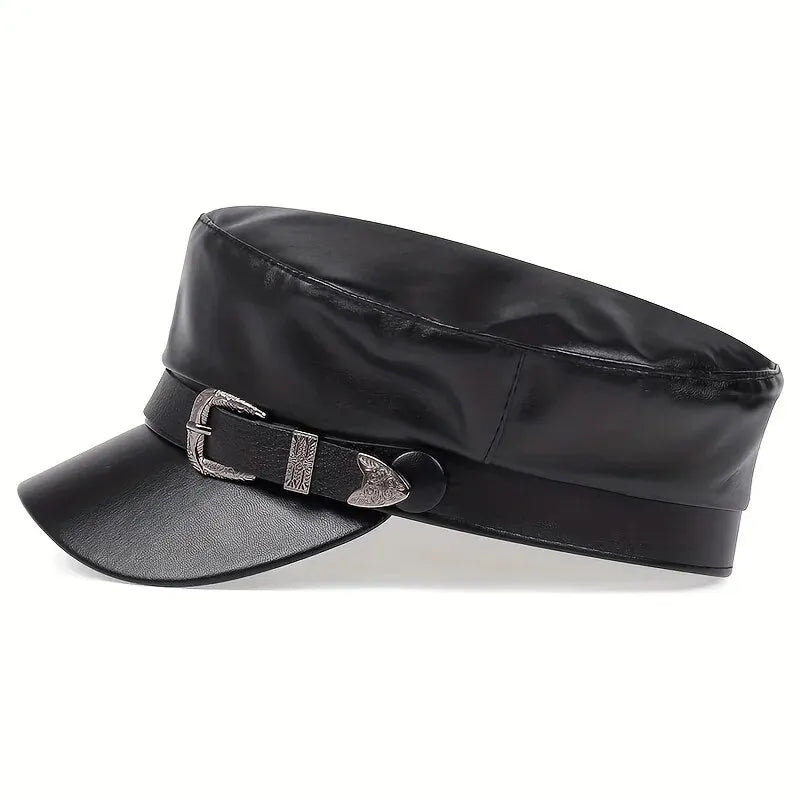 Faux Leather Buckle Captain Cap