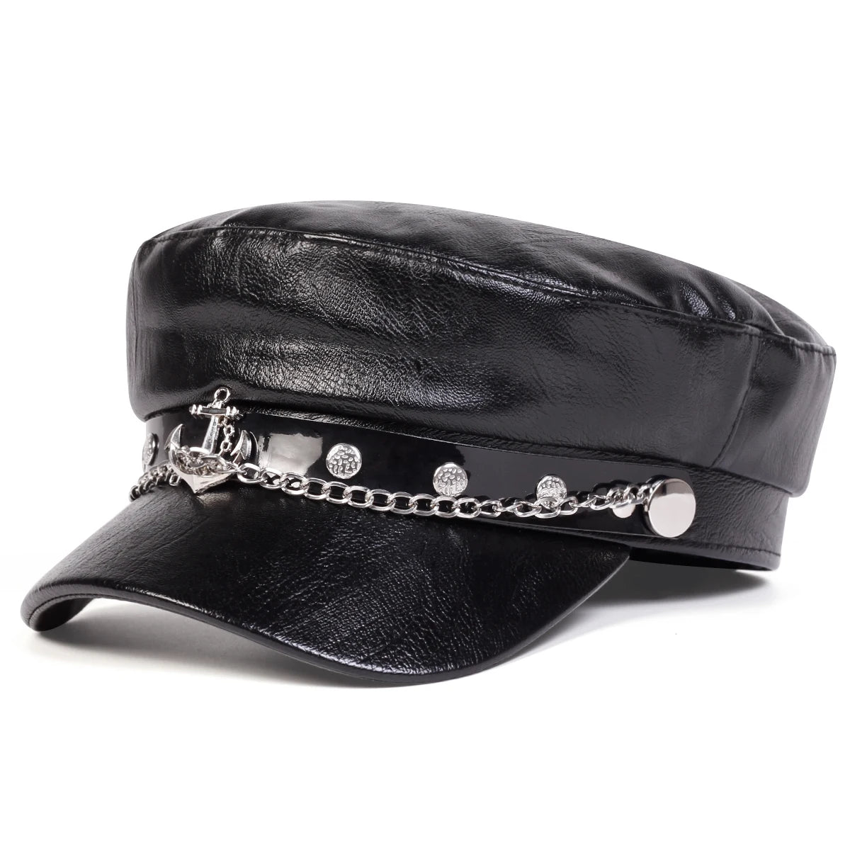 Faux Leather Buckle Captain Cap – Black Chain