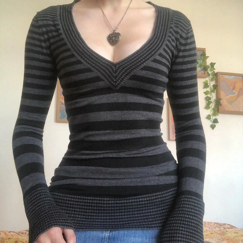 Grey Stripe V-Neck Knit Top