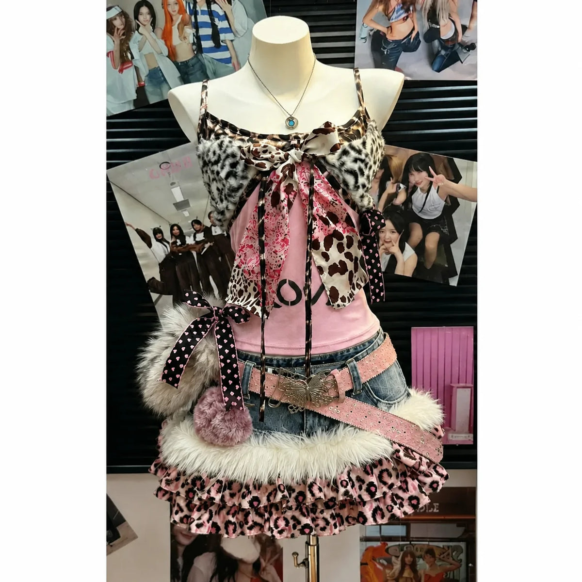 Leopard Ruffle Denim Skirt