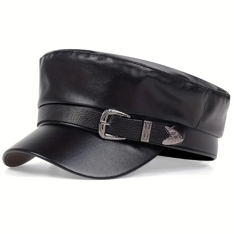 Faux Leather Buckle Captain Cap – Black Buckle