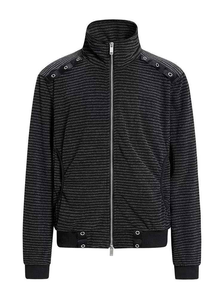 Striped Webbing Stand Collar Jacket