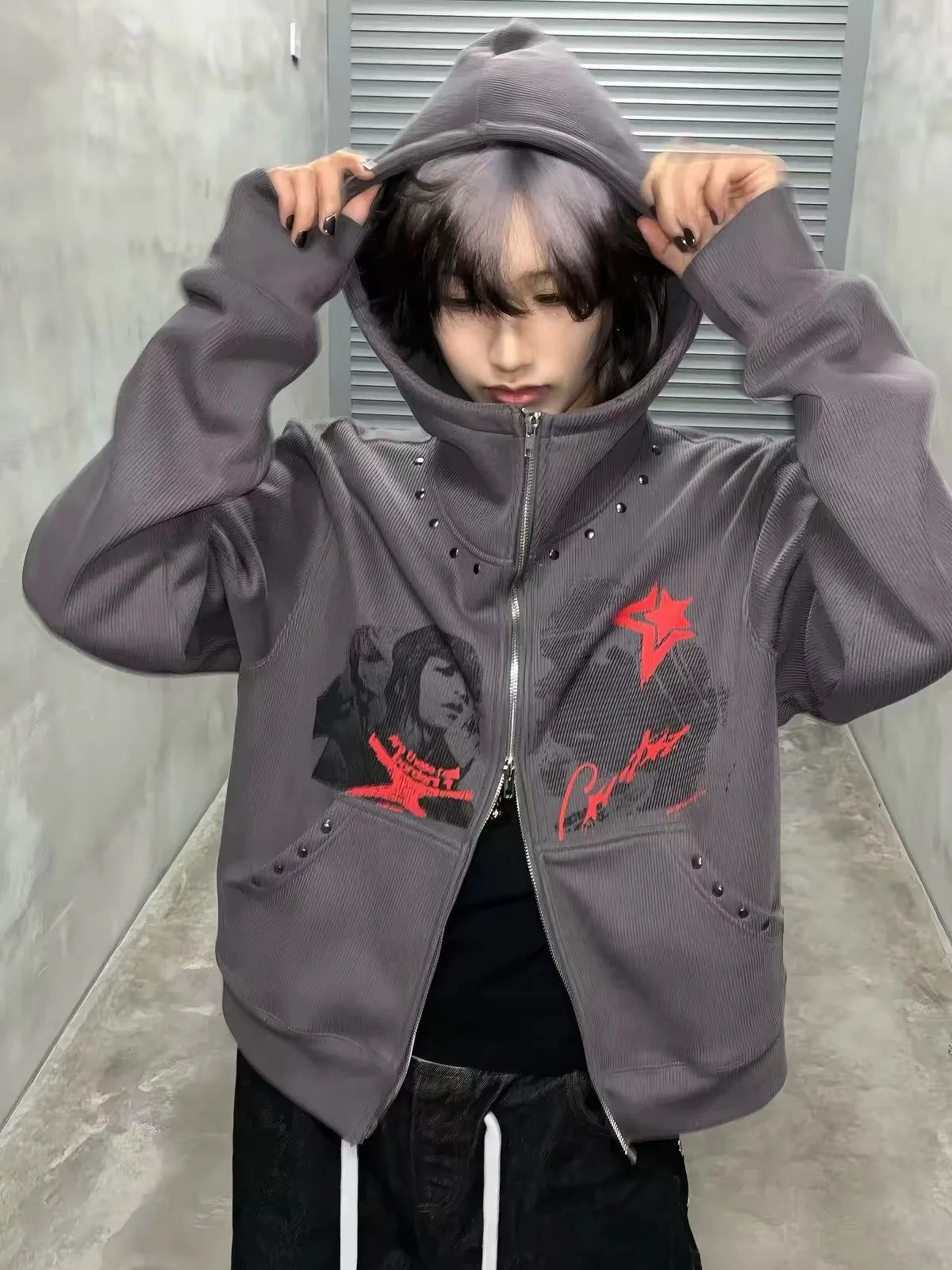Grey Nail Print Zip Hoodie
