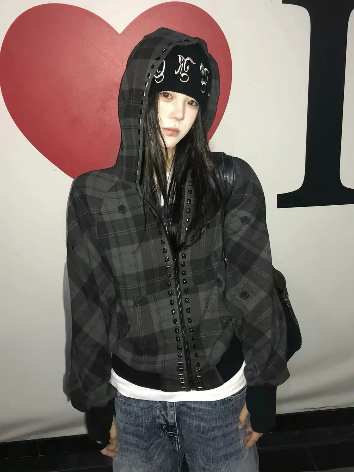 Plaid Studded Hooded Jacket