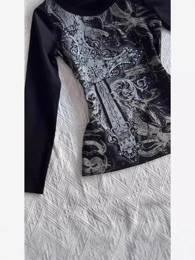 Gothic Print V-Neck Long Sleeve