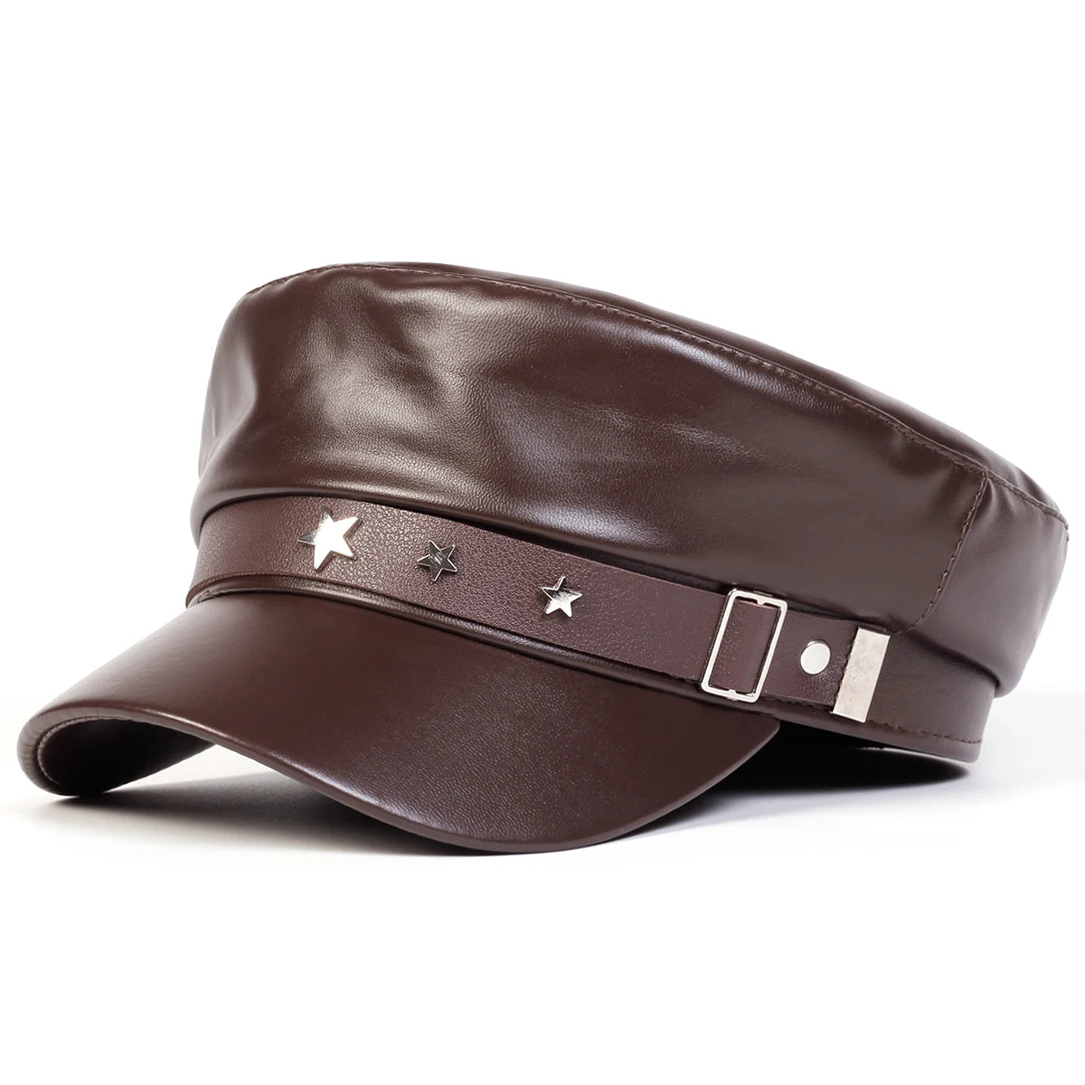 Faux Leather Buckle Captain Cap – Brown