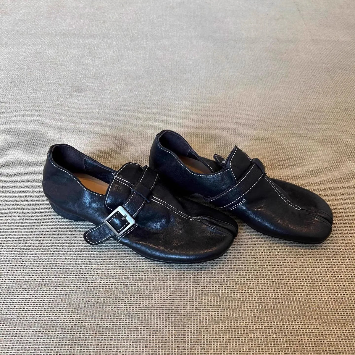 Split-Toe Buckle Leather Flats