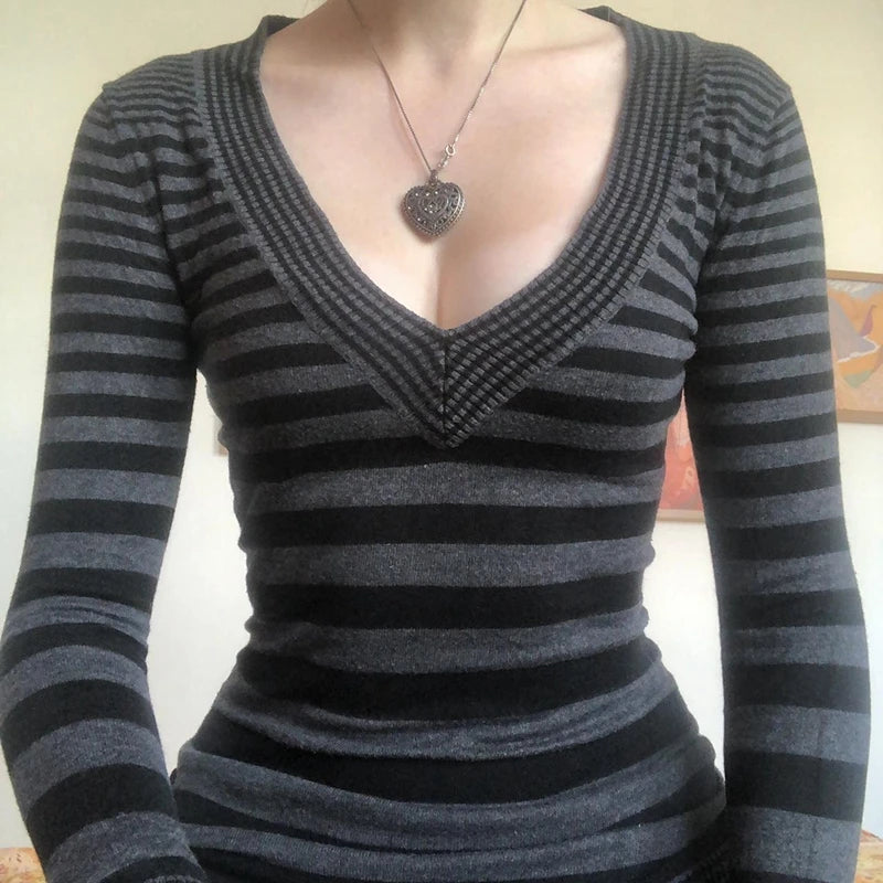 Grey Stripe V-Neck Knit Top
