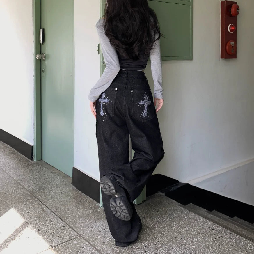Cross Embroidered Wide Jeans
