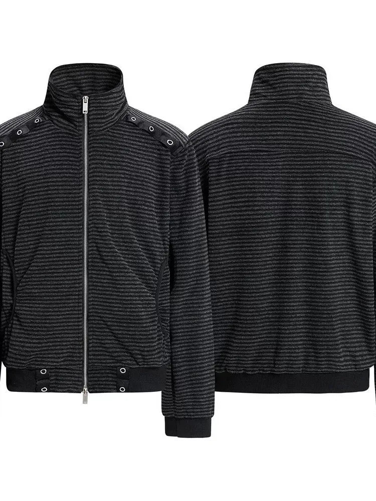 Striped Webbing Stand Collar Jacket