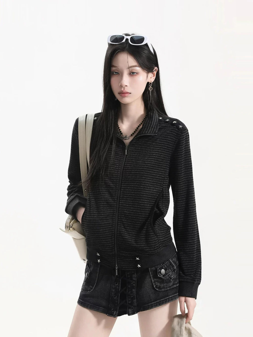 Striped Webbing Stand Collar Jacket