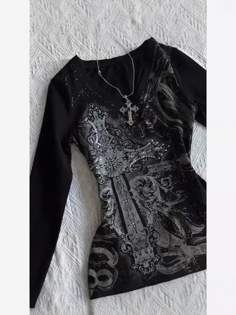 Gothic Print V-Neck Long Sleeve