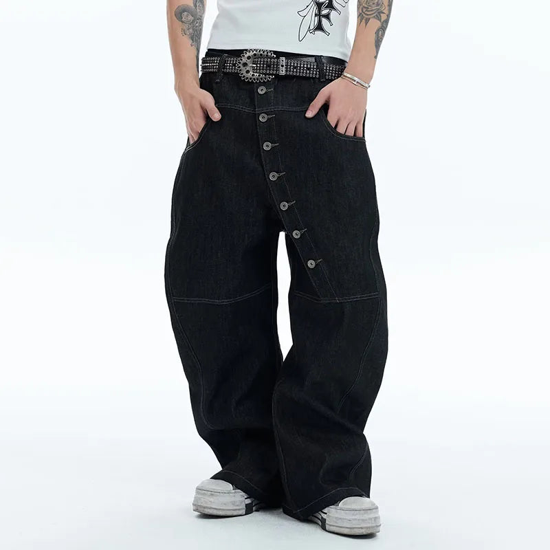 Buckle Button Curved Wide Jeans
