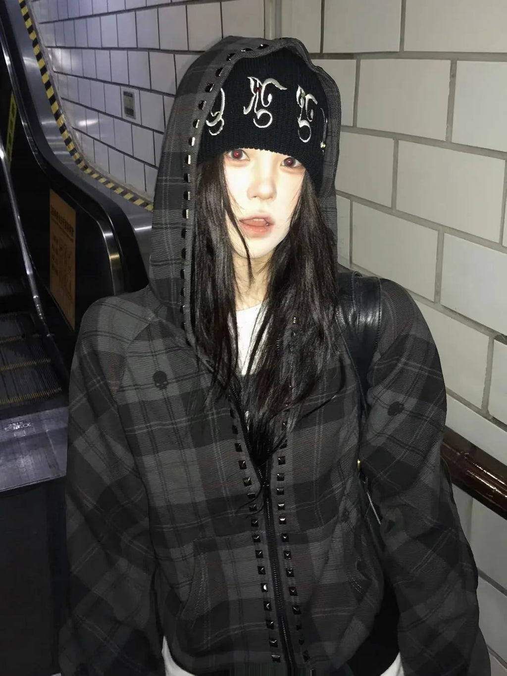 Plaid Studded Hooded Jacket