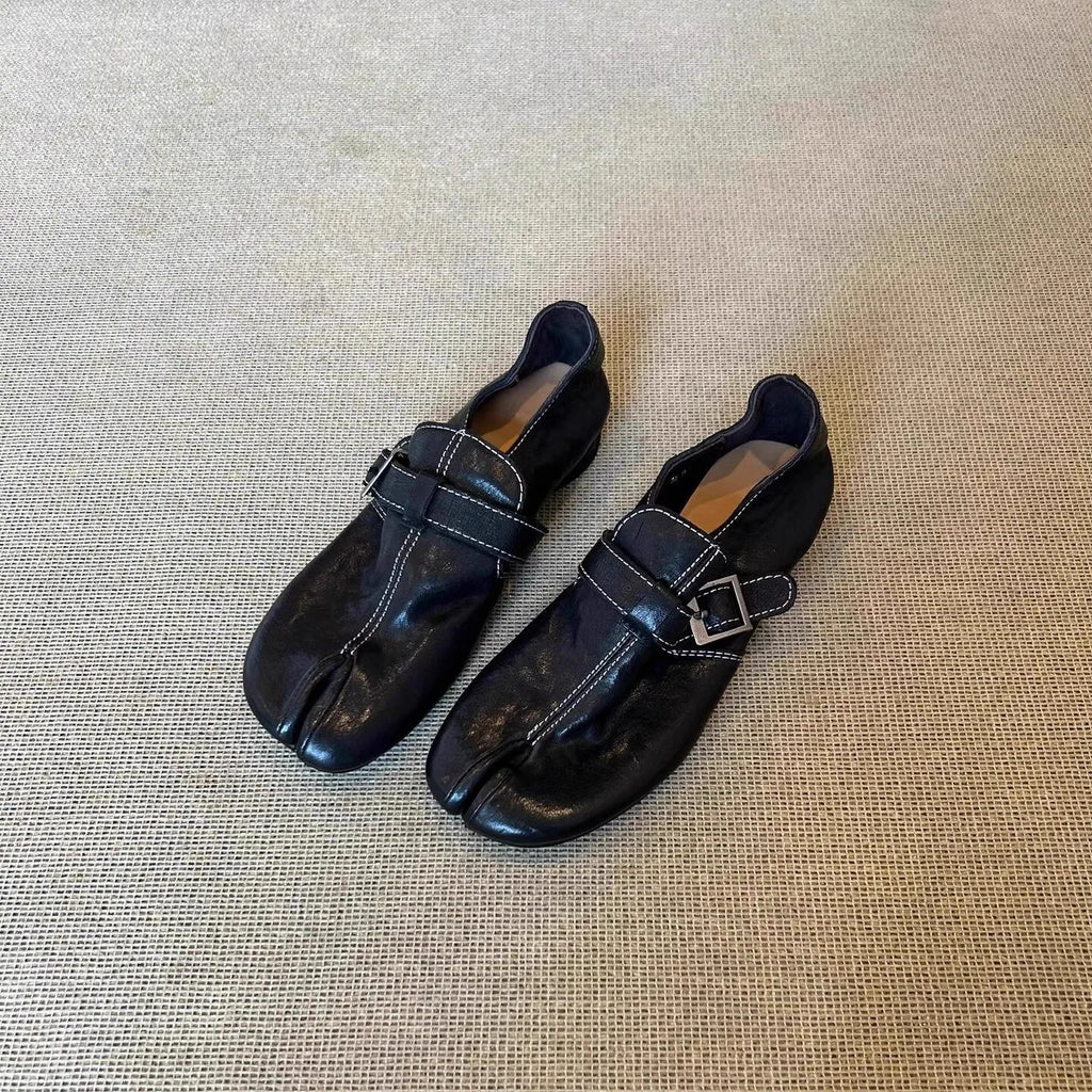 Split-Toe Buckle Leather Flats