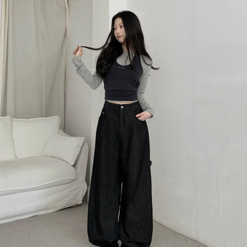 Cross Embroidered Wide Jeans