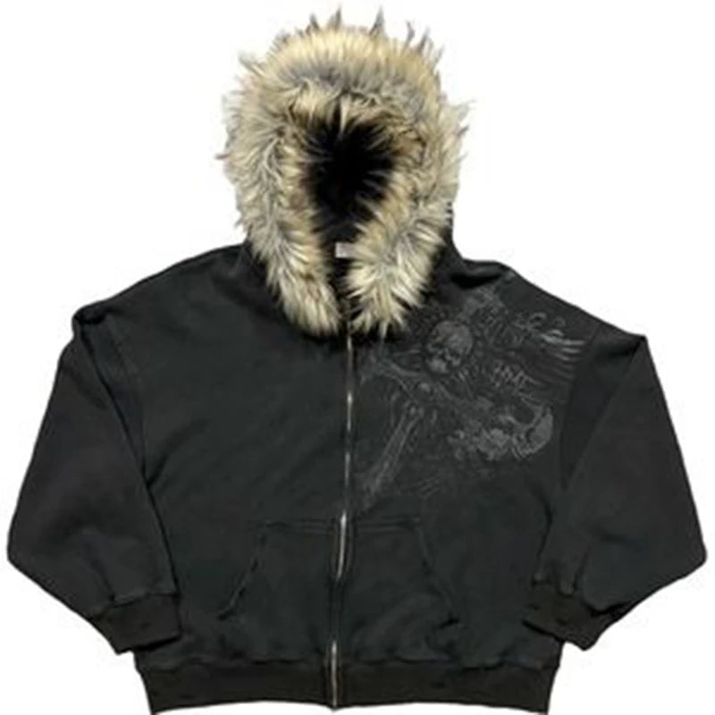 Fur Hood Zip Sweatshirt – Black
