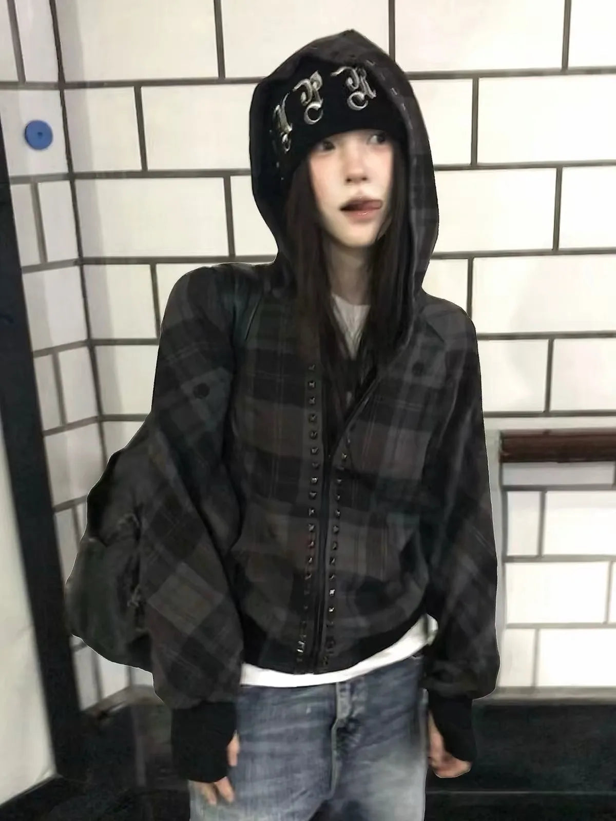 Plaid Studded Hooded Jacket