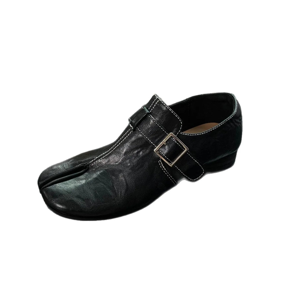 Split-Toe Buckle Leather Flats