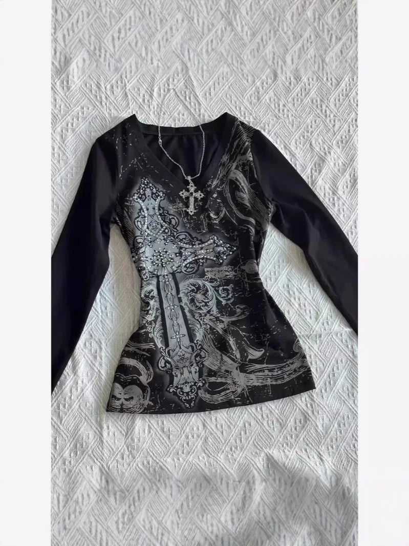 Gothic Print V-Neck Long Sleeve