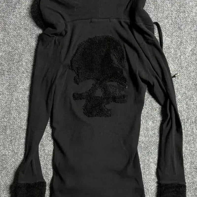 Skull Back V-Neck Hooded Long Sleeve