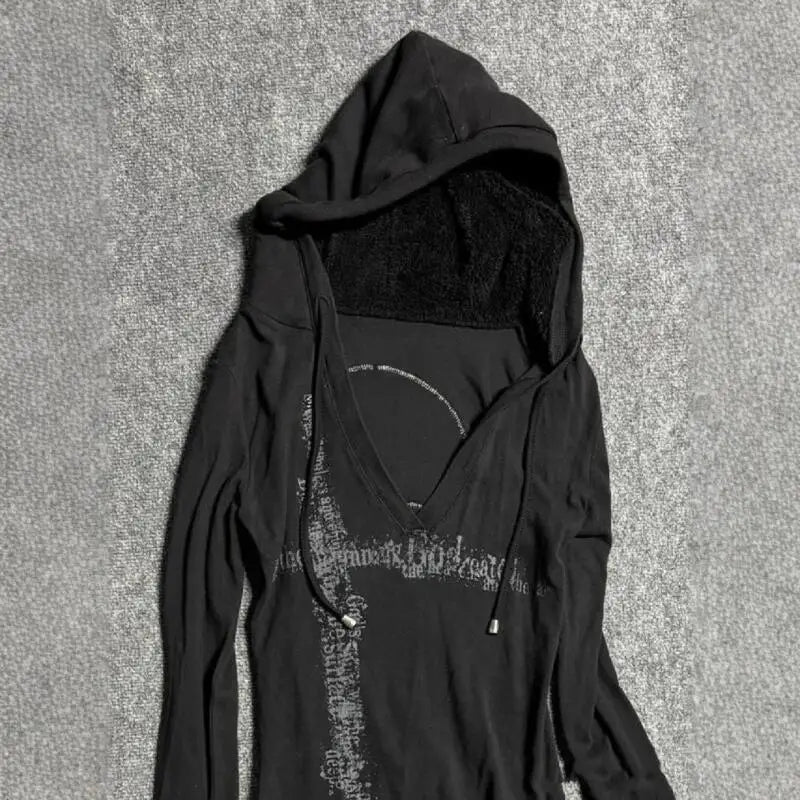 Skull Back V-Neck Hooded Long Sleeve