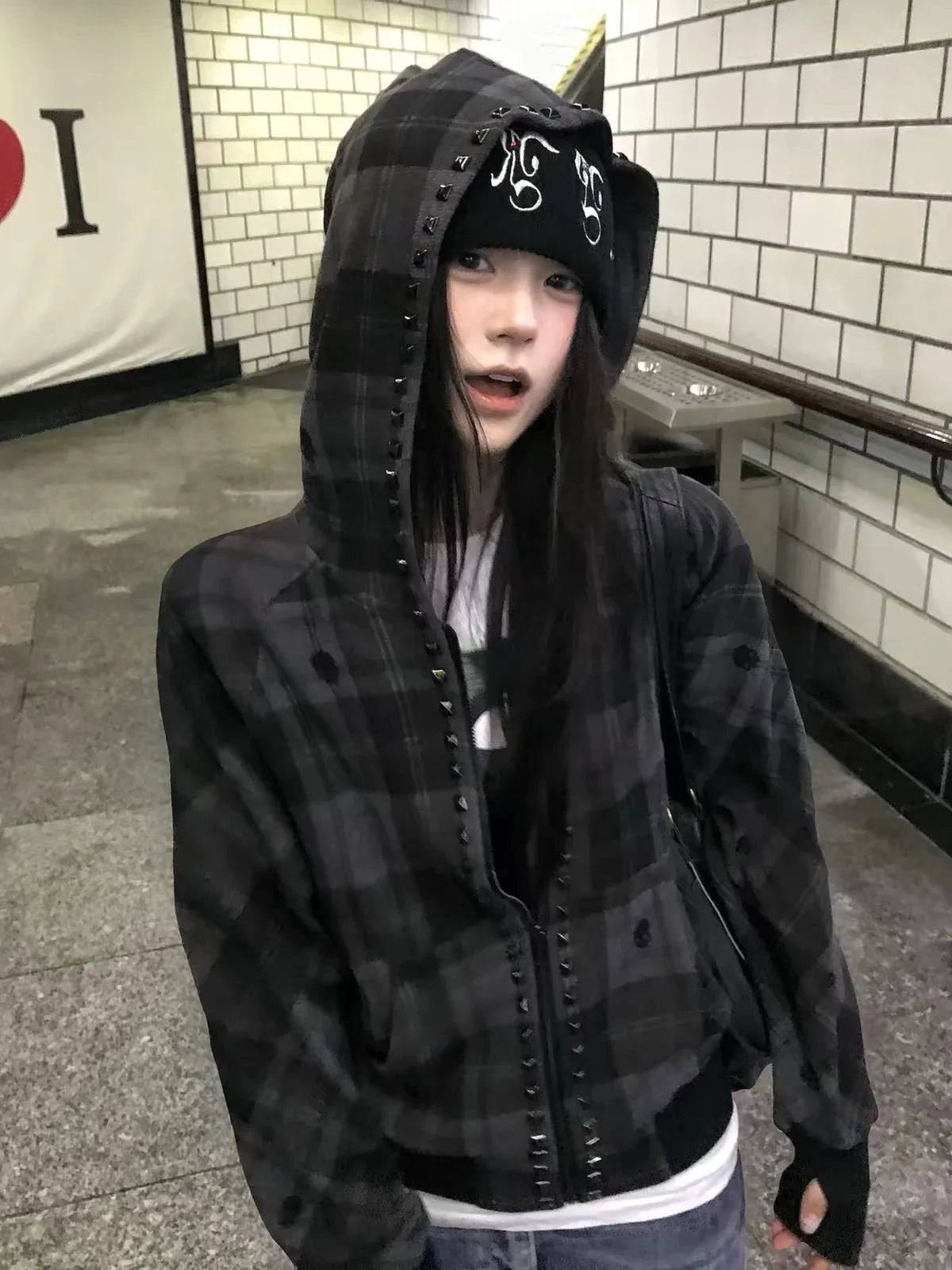 Plaid Studded Hooded Jacket