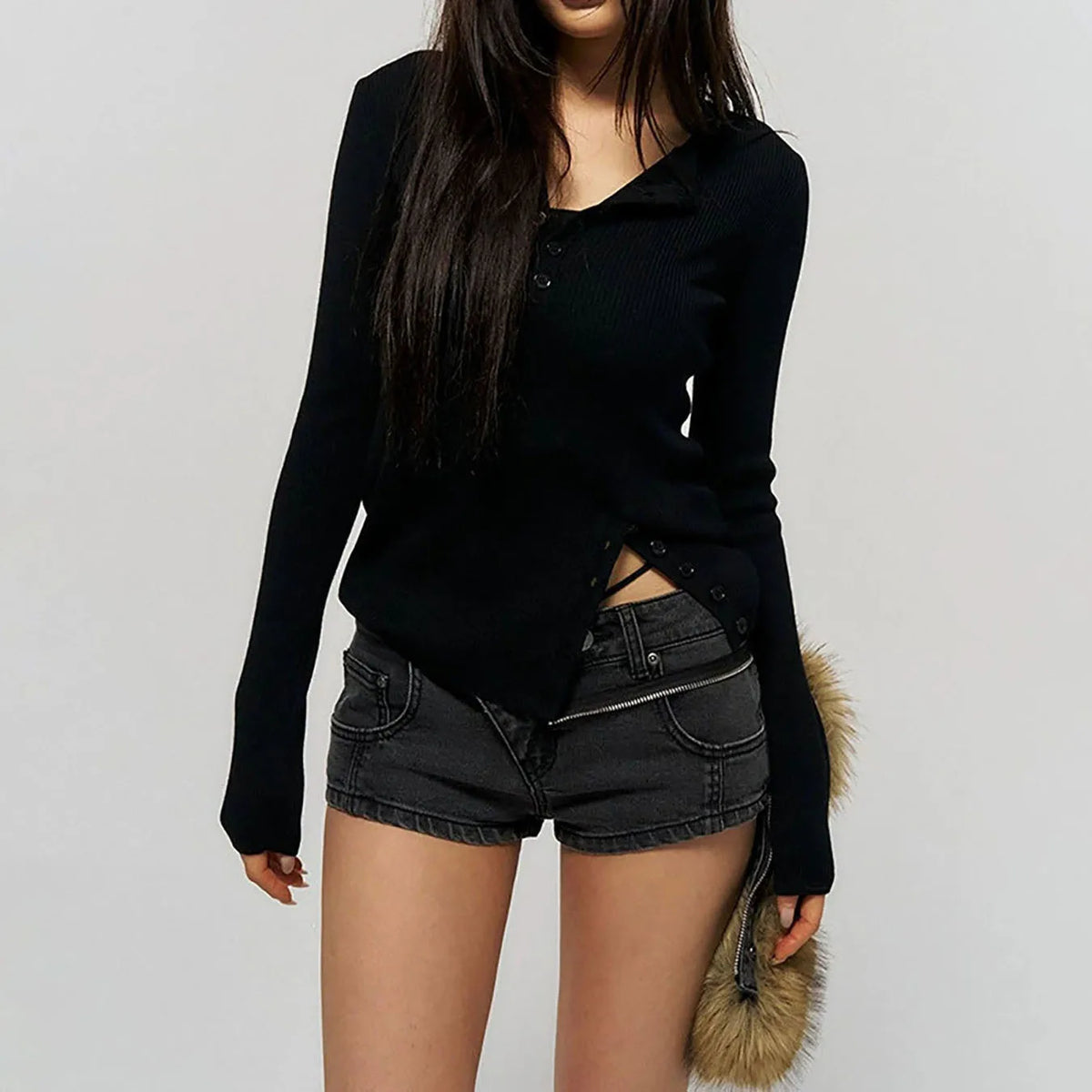 Grey Henley Knit Top