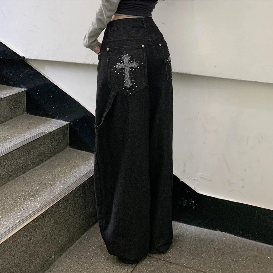 Cross Embroidered Wide Jeans