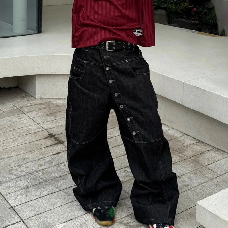 Buckle Button Curved Wide Jeans