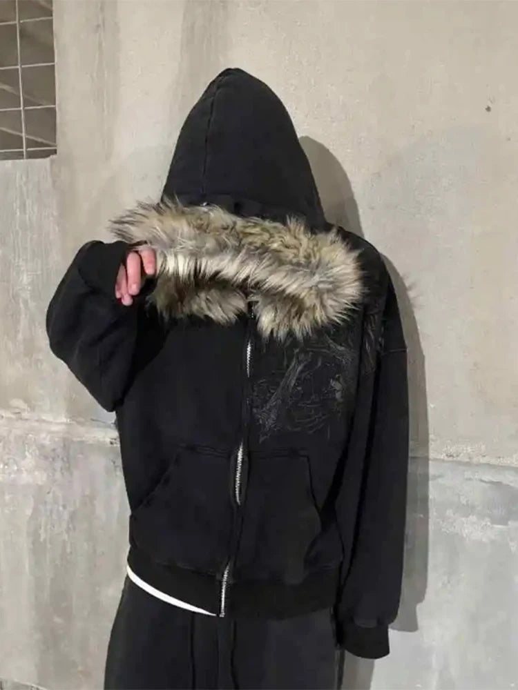 Fur Hood Zip Sweatshirt