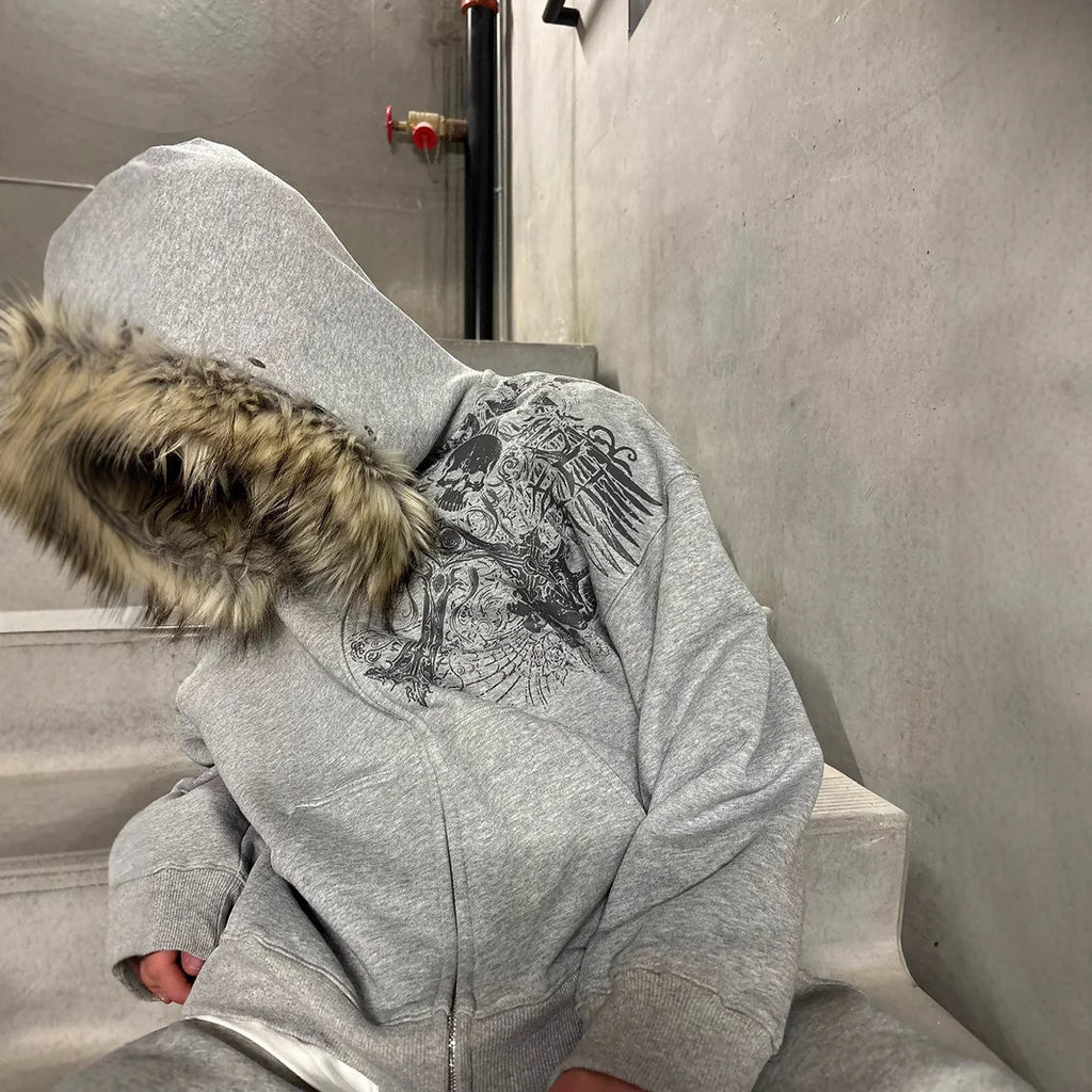 Fur Hood Zip Sweatshirt
