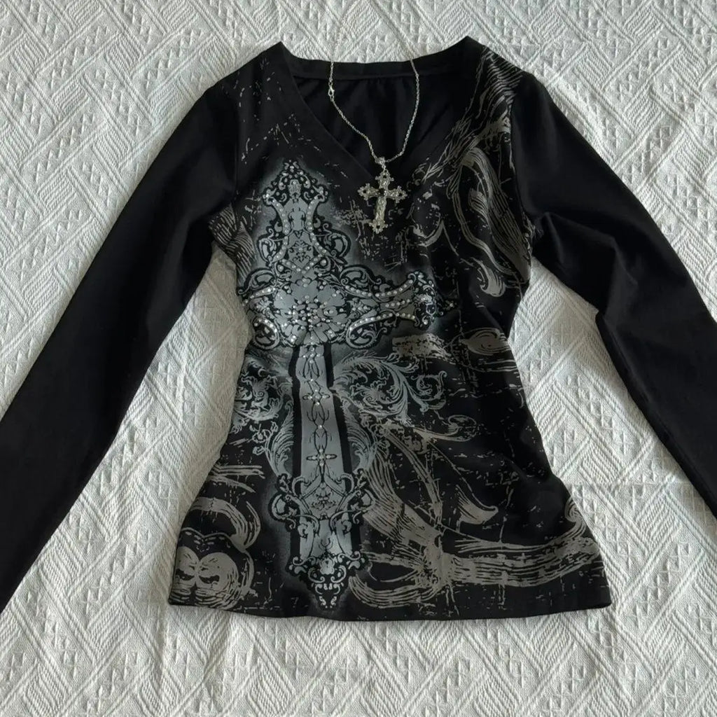 Gothic Print V-Neck Long Sleeve