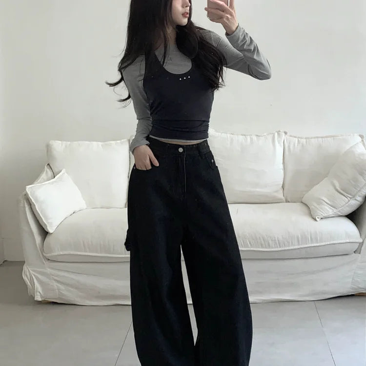 Cross Embroidered Wide Jeans