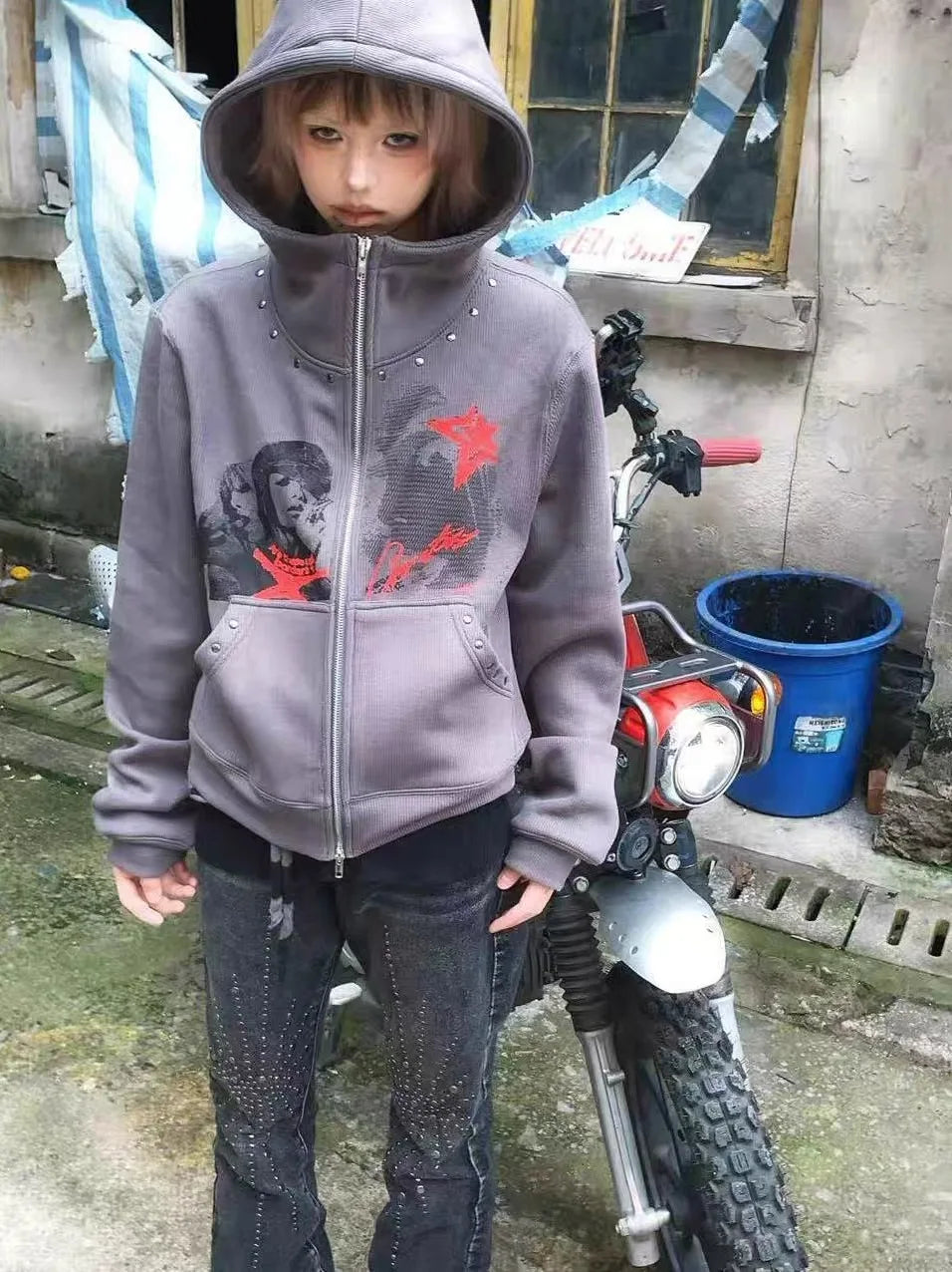 Grey Nail Print Zip Hoodie