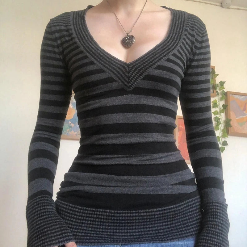 Grey Stripe V-Neck Knit Top