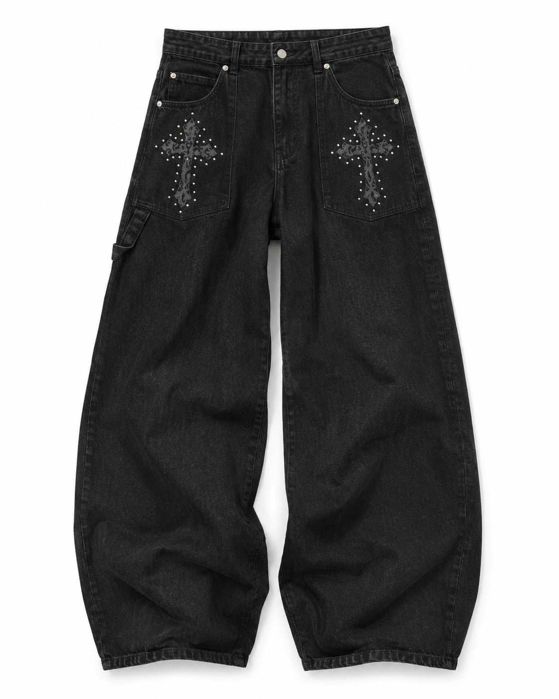 Cross Embroidered Wide Jeans