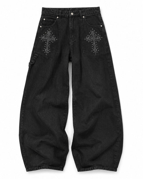 Cross Embroidered Wide Jeans