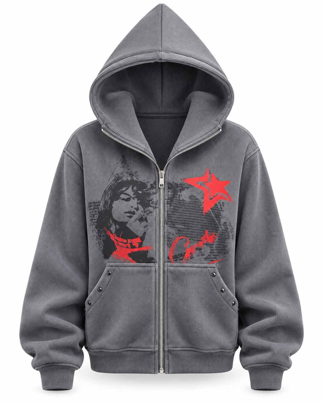Grey Nail Print Zip Hoodie