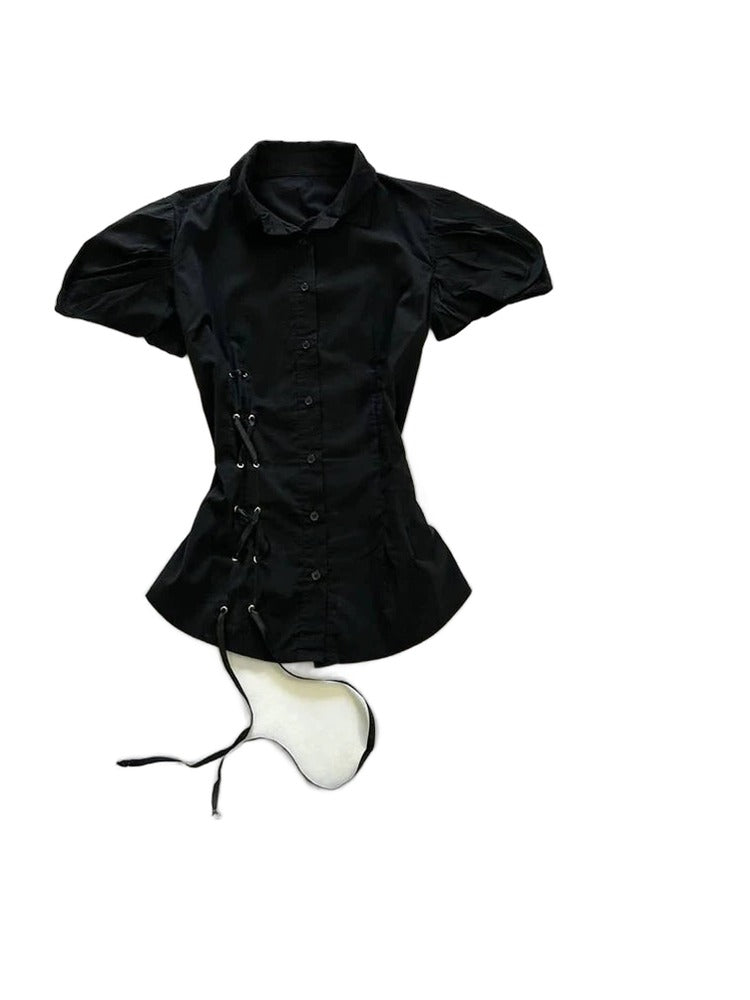 Black Lace-Up Puff Sleeve Shirt